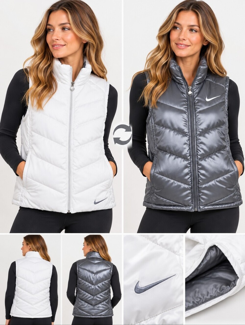 Nike Vintage Women's White/Grey Reversible Quilted Puffer Vest